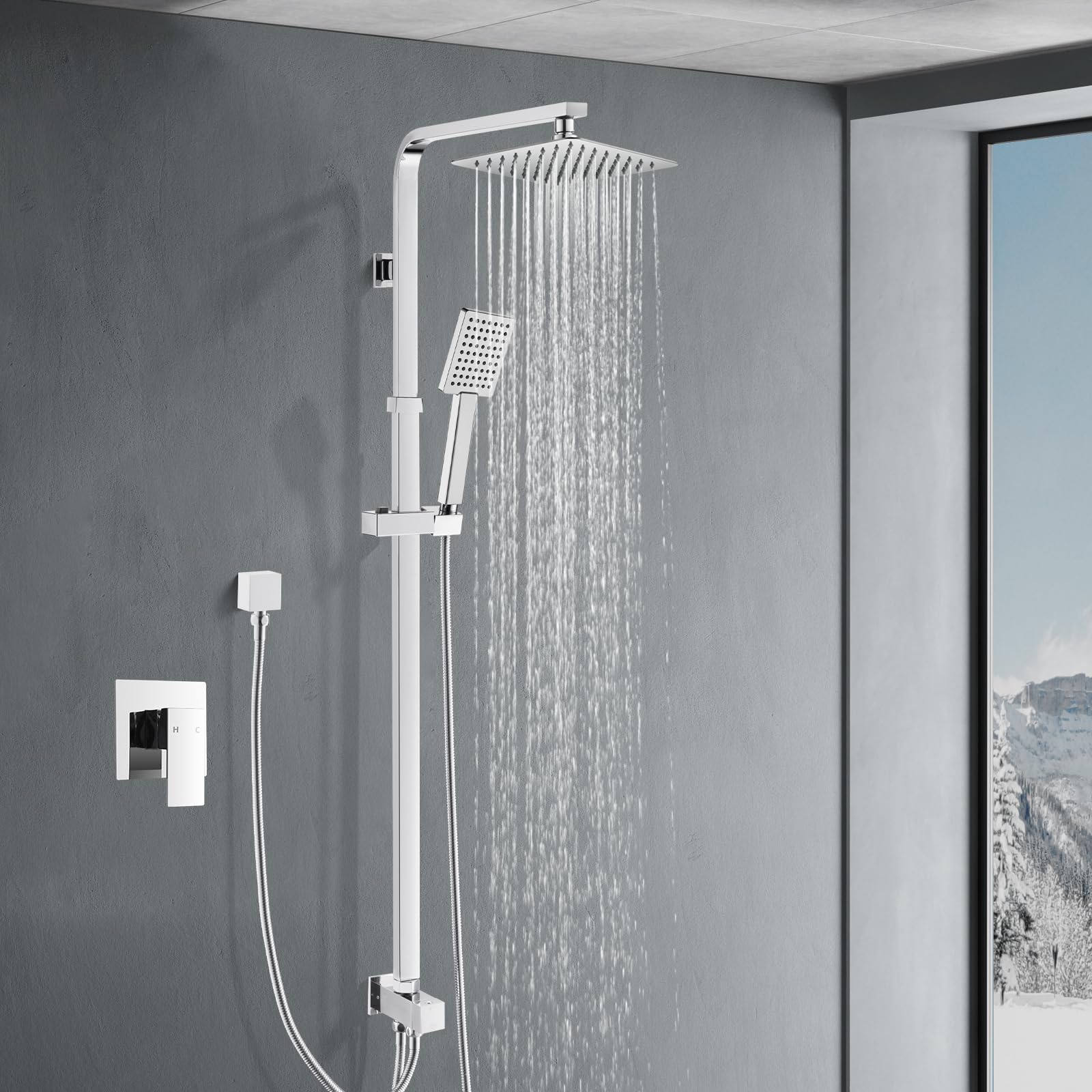 ACA International 200mm Rain High Shower Head Shower Head Set with Shower Tap, 8" Square Ultra-Thin Rain Shower Head Gooseneck Rail 2 in 1 Brass Diverter Bathroom(Matt Black)