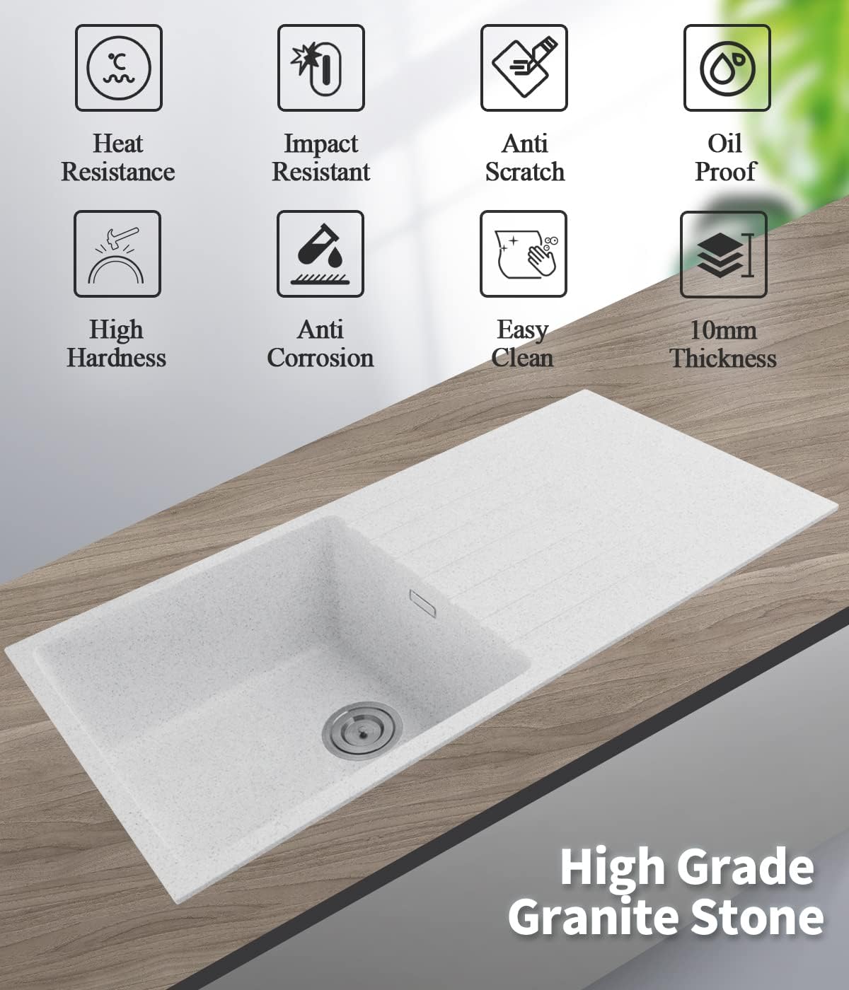 ACA Trading1000 x 500mm White Granite Stone Kitchen Sink Laundry Basin Sink Single Bowl with Drainboard Granite Stone Sink Home Utility Kitchen Sink with Overflow Waste Strainer (White)