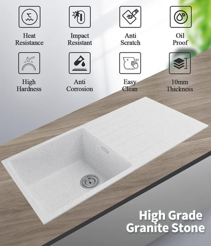 ACA Trading1000 x 500mm White Granite Stone Kitchen Sink Laundry Basin Sink Single Bowl with Drainboard Granite Stone Sink Home Utility Kitchen Sink with Overflow Waste Strainer (White)