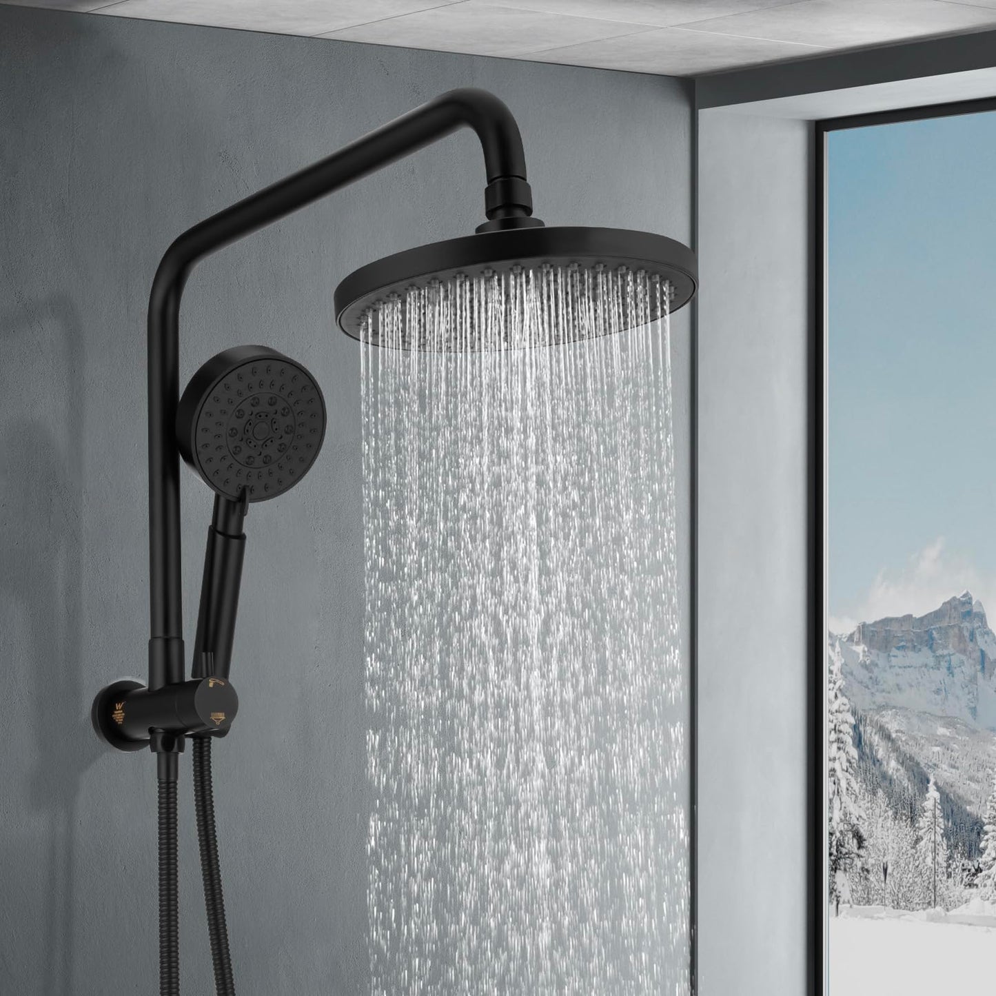 ACA International 8" High Pressure Shower Head 5-Mode Handheld Shower Spary 2 in 1 Shower Rail Diverter Gooseneck Arm Wall Mounted Bathroom Dual Rain Shower Head Set WELS (Chrome)