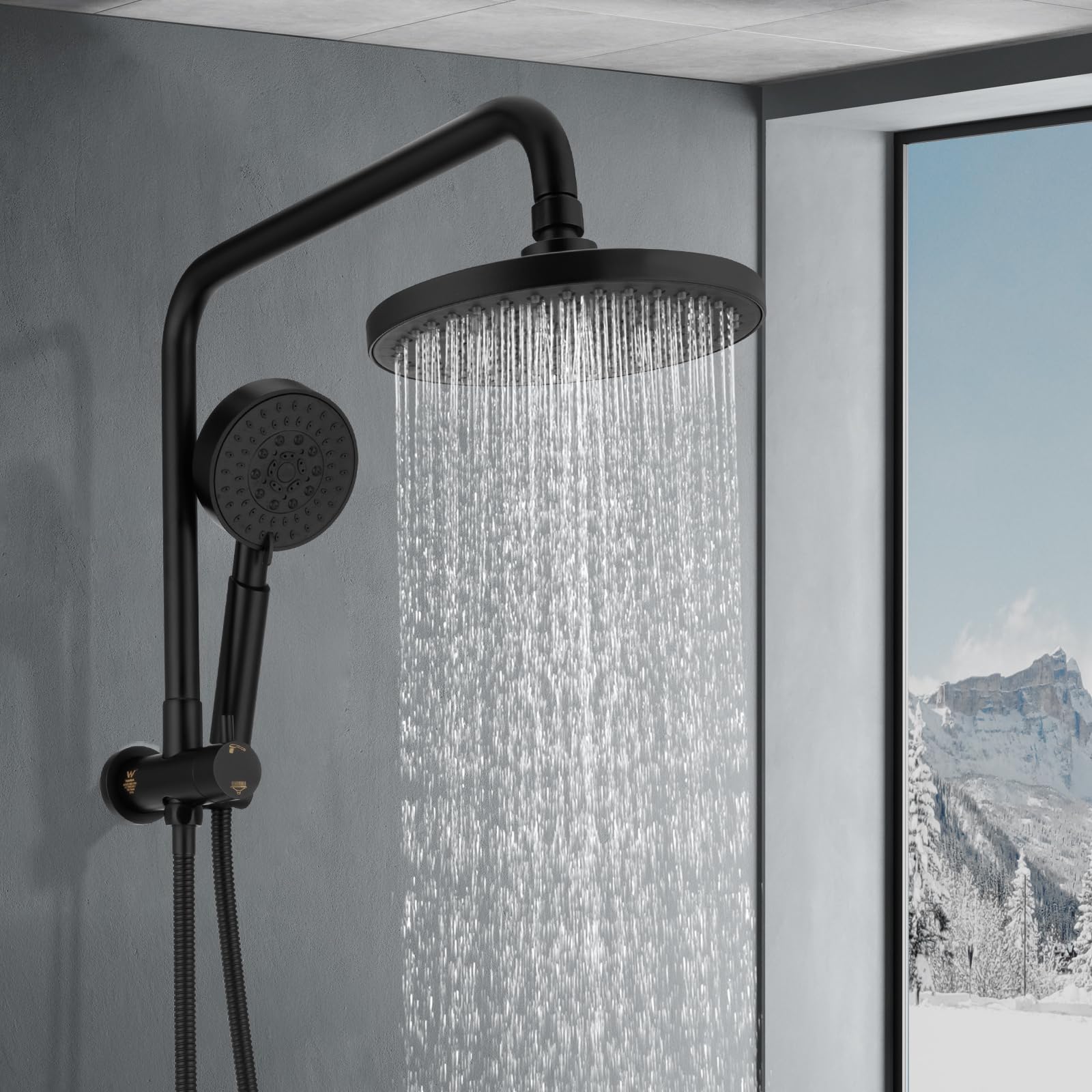 ACA International 8" High Pressure Shower Head 5-Mode Handheld Shower Spary 2 in 1 Shower Rail Diverter Gooseneck Arm Wall Mounted Bathroom Dual Rain Shower Head Set WELS (Chrome)