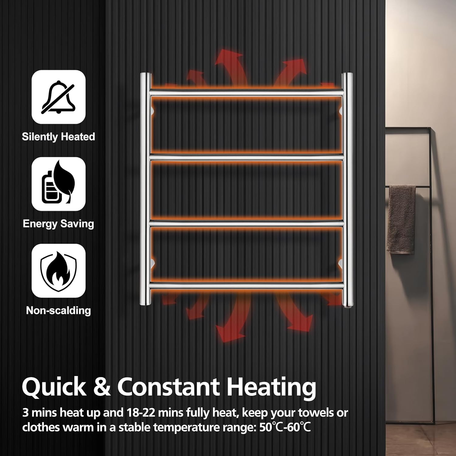 4 Rungs Bathroom Electric Heated Towel Rail Rack 520x500mm Wall Mounted Round Towel Warmer Stainless Steel Towel Heater Dryer Heated Towel Rail Holder Waterproof SAA (Silver)