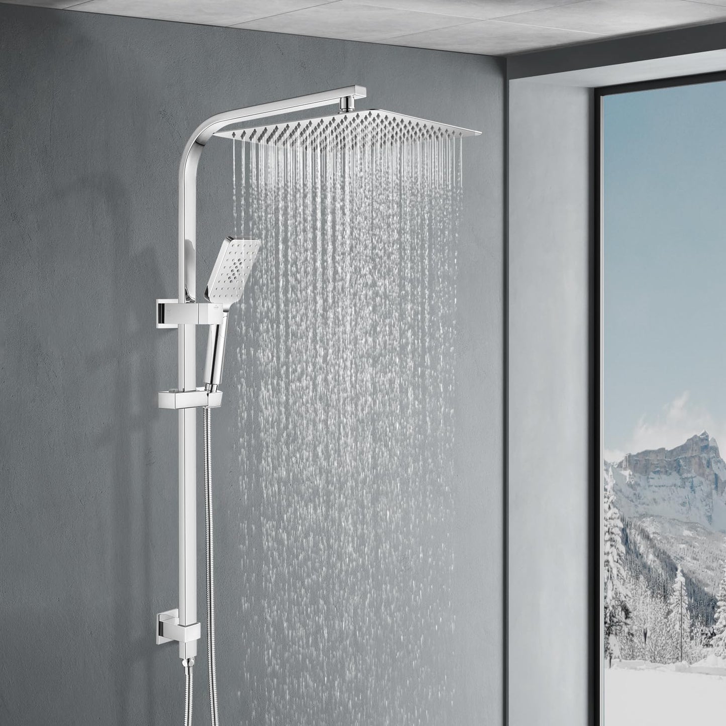 ACA International 12" Ultrathin Rainfall High Pressure Shower Head Square Shower Rail Set 3-Mode Handheld Shower Set Rail Diverter (Black)