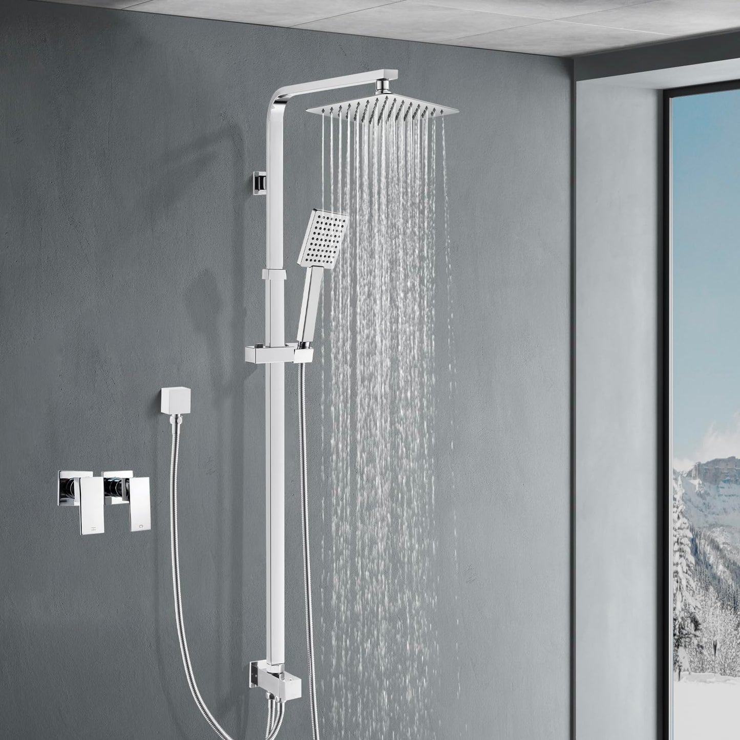 ACA International 200mm Rain High Shower Head Shower Head Set with Shower Tap, 8" Square Ultra-Thin Rain Shower Head Gooseneck Rail 2 in 1 Brass Diverter Bathroom(Matt Black)
