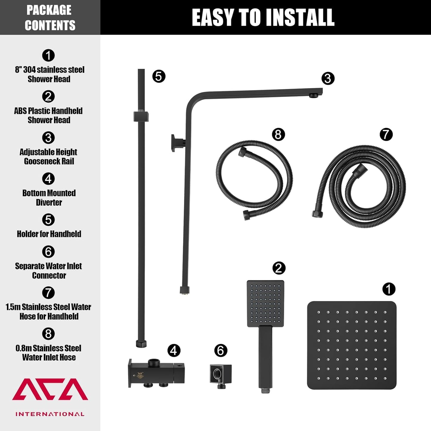 ACA International 200mm Rain High Shower Head Shower Head Set with Shower Tap, 8" Square Ultra-Thin Rain Shower Head Gooseneck Rail 2 in 1 Brass Diverter Bathroom(Matt Black)