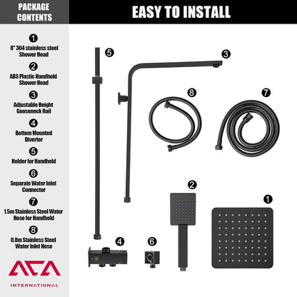 ACA International 200mm Rain High Shower Head Shower Head Set with Shower Tap, 8" Square Ultra-Thin Rain Shower Head Gooseneck Rail 2 in 1 Brass Diverter Bathroom(Matt Black)