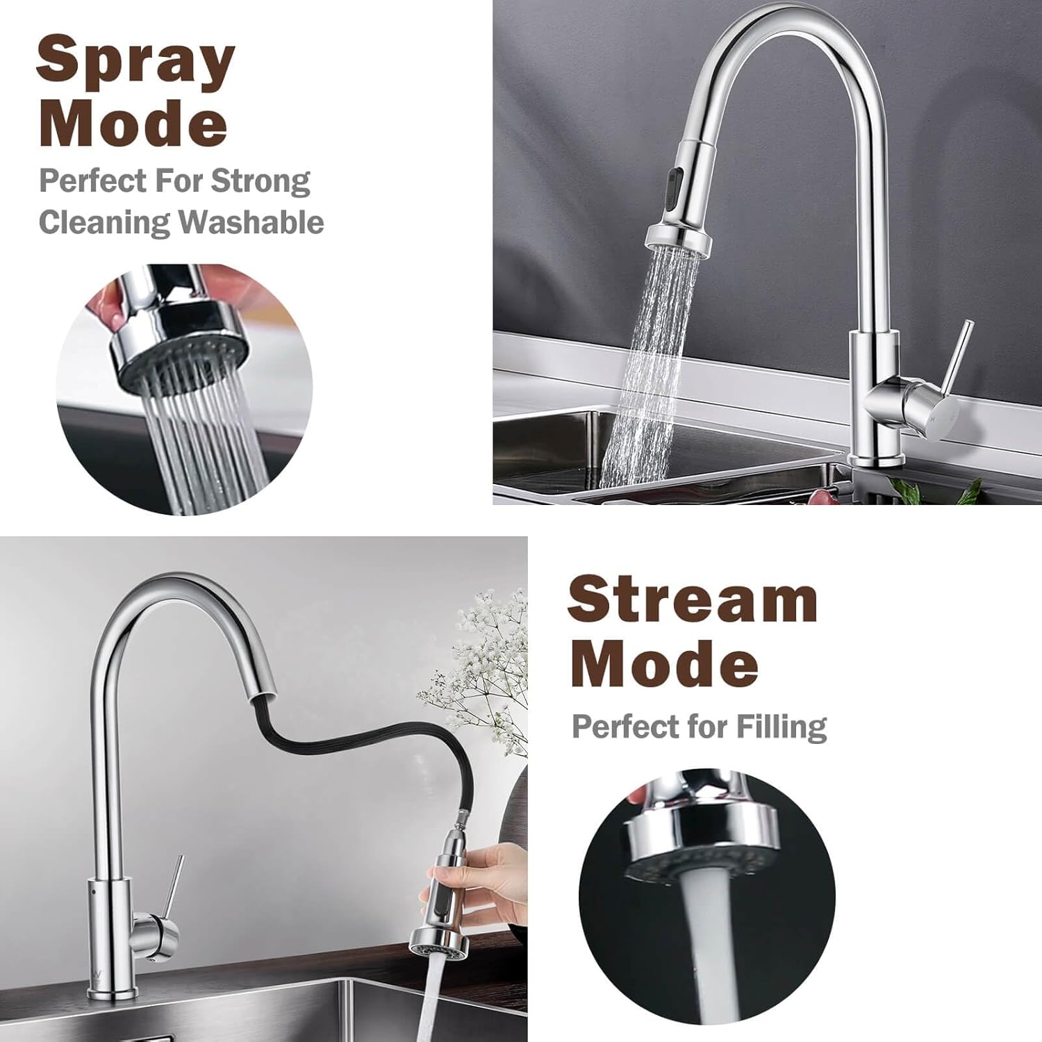 ACA International WELS Kitchen Mixer Tap Pull Out 2-Mode Spray Basin Mixer Tap 360° Swivel H&C Control Laundry Sink Faucet Kitchen Taps (Polished Chrome)
