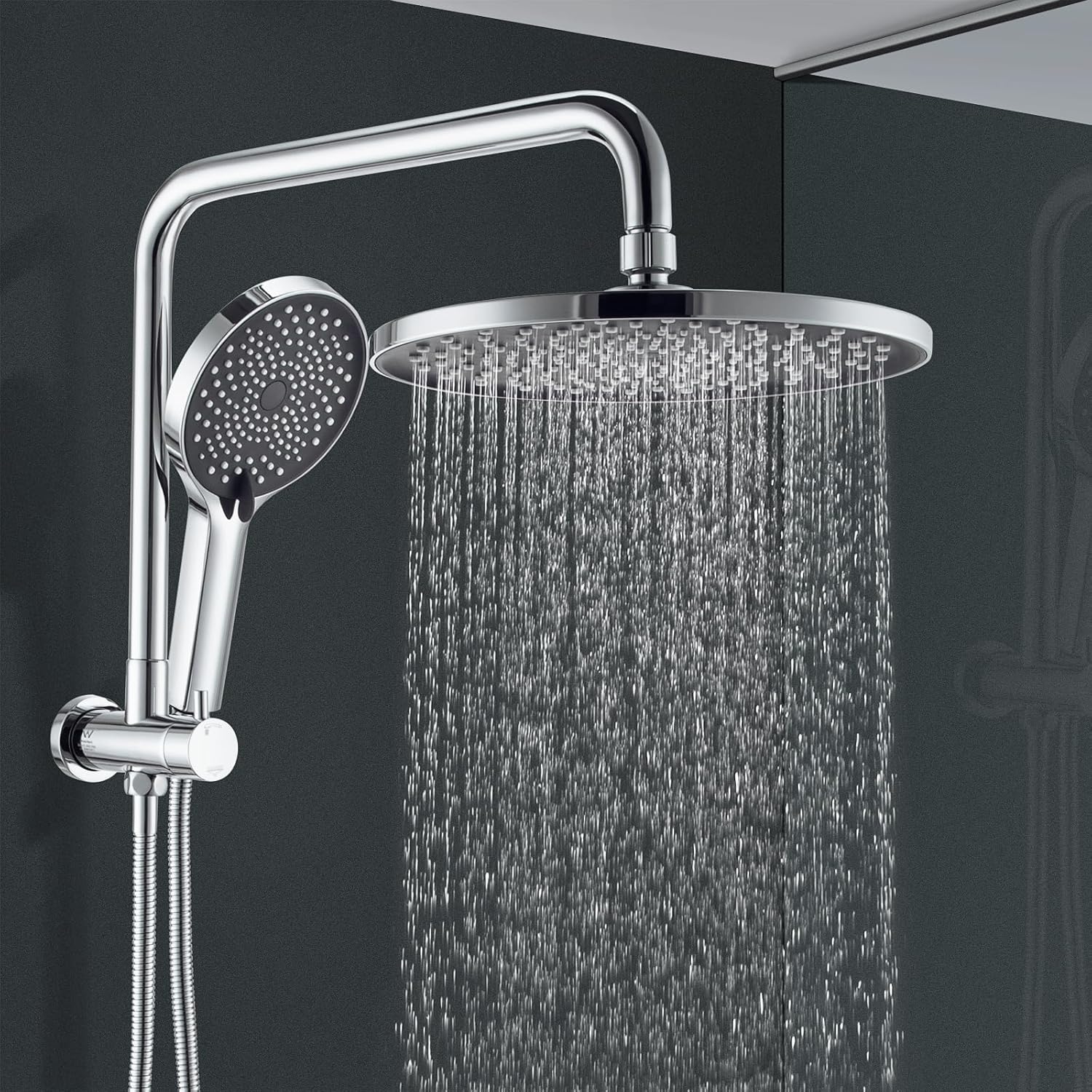 ACA International 10'' Rain Shower Head Set, Round 255mm Large Shower Head with 2 in 1 Shower Arm Rail and 3-Mode Handheld Spray, Bathroom Shower Set WELS Approved (Chrome)