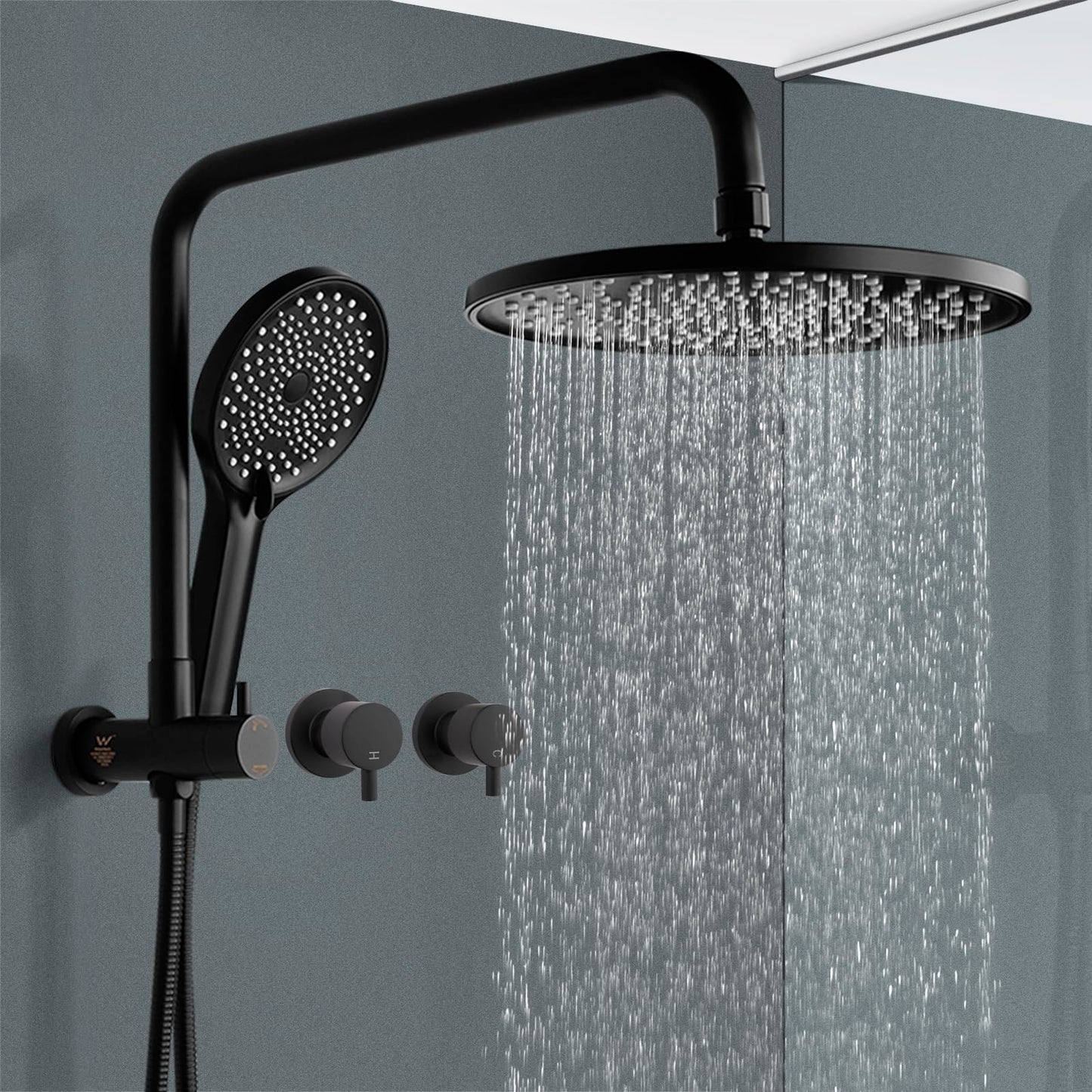 ACA International 10'' Rain Shower Head Set, Round 255mm Large Shower Head with 2 in 1 Shower Arm Rail and 3-Mode Handheld Spray, Bathroom Shower Set WELS Approved (Chrome)