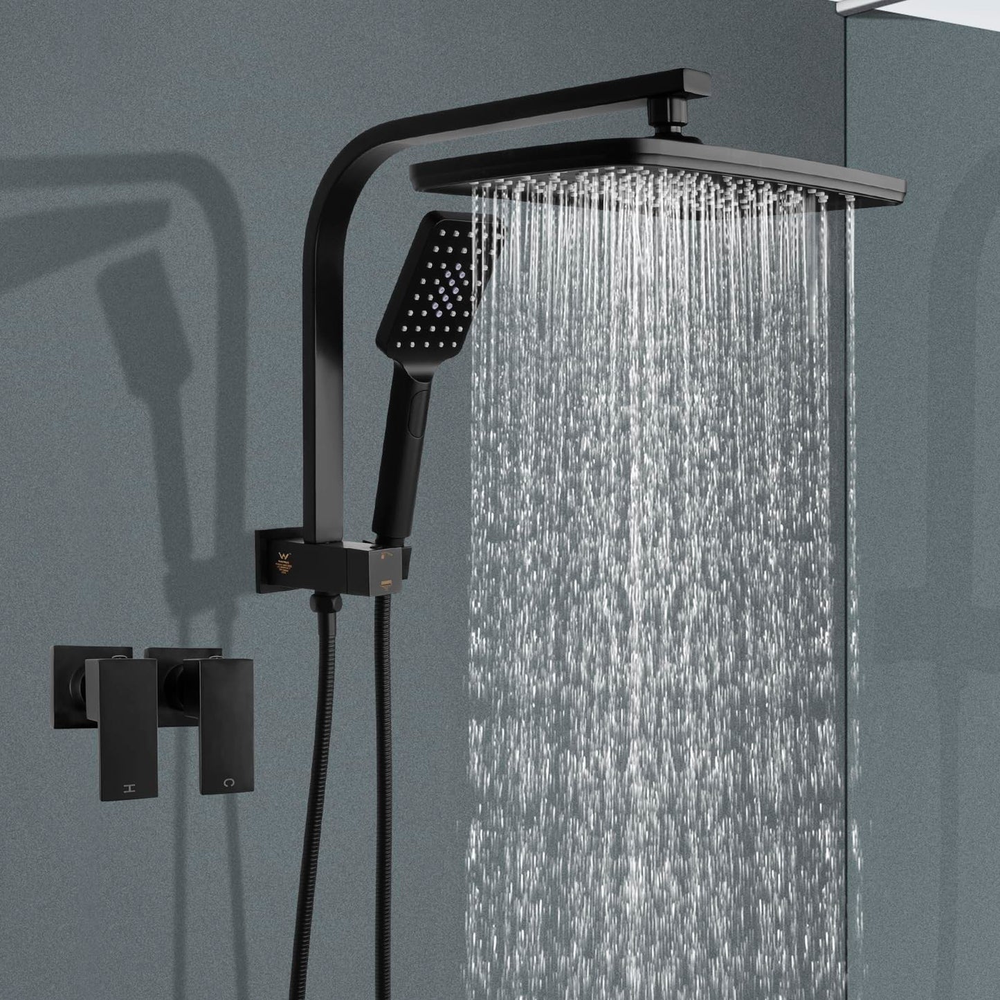 ACA International 12" Rectangle Extra Large High Pressure Shower Head Handheld Gooseneck Arm 2 in 1 Diverter Set, 3-Mode Handheld Shower Hand, Full Body Shower Set for Bathroom (Black)