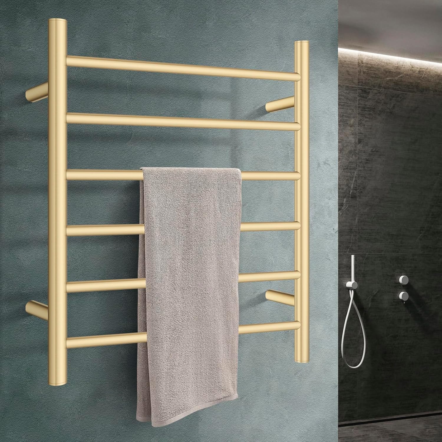 ACA International Wall Mounted Electric Heated Towel Rack SAA Towel Warmer Aluminium Heated Towel Rail Bathroom Towel Clothes Dryer Holder IP55 6 Rungs Round (Gold)