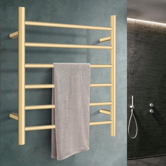 ACA International Wall Mounted Electric Heated Towel Rack SAA Towel Warmer Aluminium Heated Towel Rail Bathroom Towel Clothes Dryer Holder IP55 6 Rungs Round (Gold)