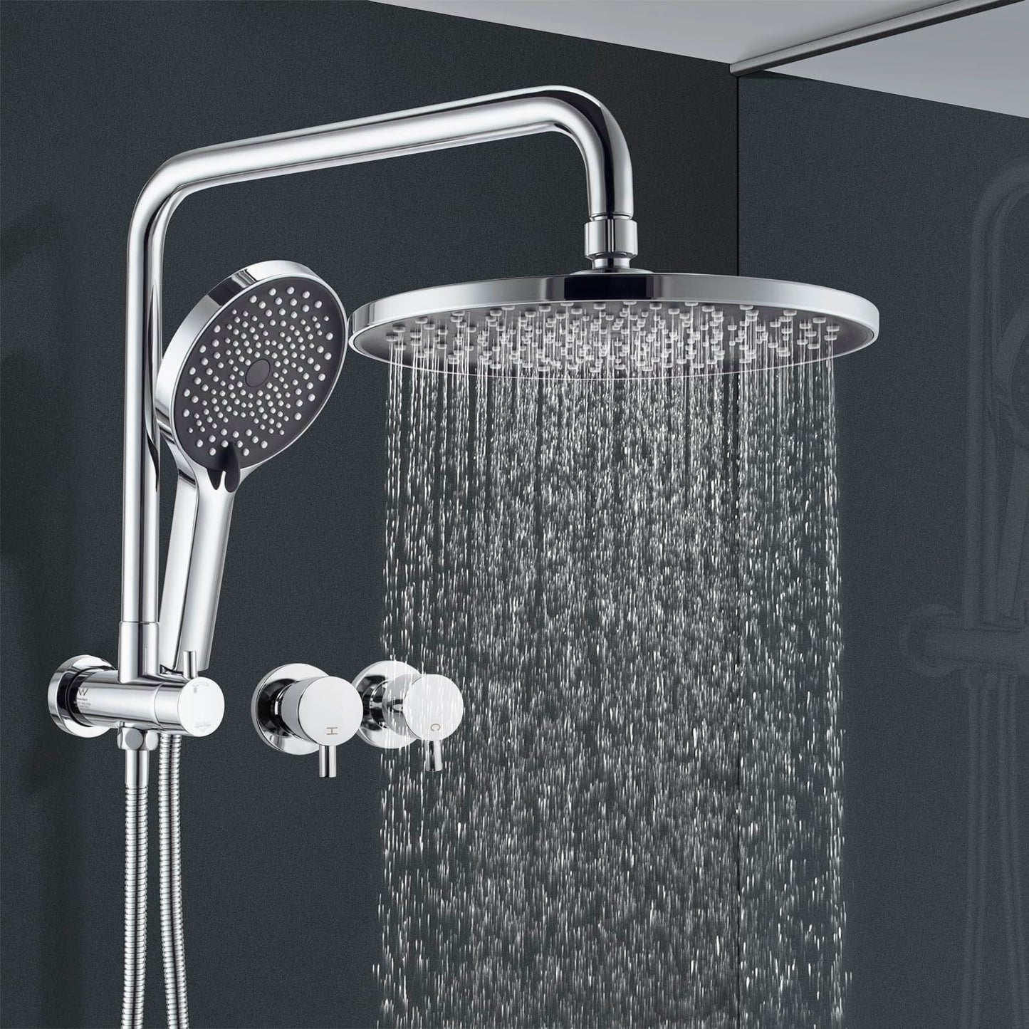 ACA International 10'' Rain Shower Head Set, Round 255mm Large Shower Head with 2 in 1 Shower Arm Rail and 3-Mode Handheld Spray, Bathroom Shower Set WELS Approved (Chrome)