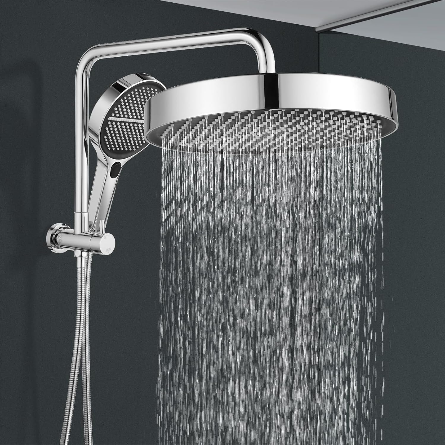 ACA International 13" Rain Shower Head 2 in 1 Round Shower Head Set Wall Mounted Shower Set 4-Mode Handheld Spary Bathroom WELS Approved (Chrome)