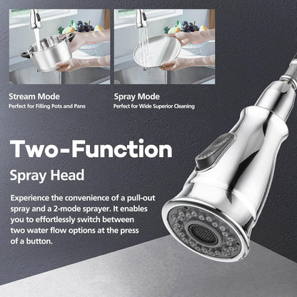 ACA International Rounded Euro Pull-Out Kitchen Mixer Tap with Pull Out Sprayer, 2-Mode Spray Kithcen Sink Tap 360° Swivel High Arc Laundry Sink Taps Faucet Solid Brass(Chrome)