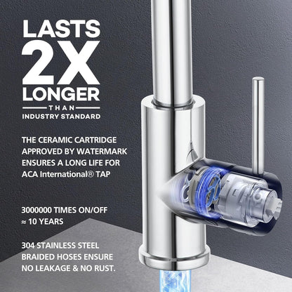 ACA International WELS Kitchen Mixer Tap Pull Out 2-Mode Spray Basin Mixer Tap 360° Swivel H&C Control Laundry Sink Faucet Kitchen Taps (Polished Chrome)