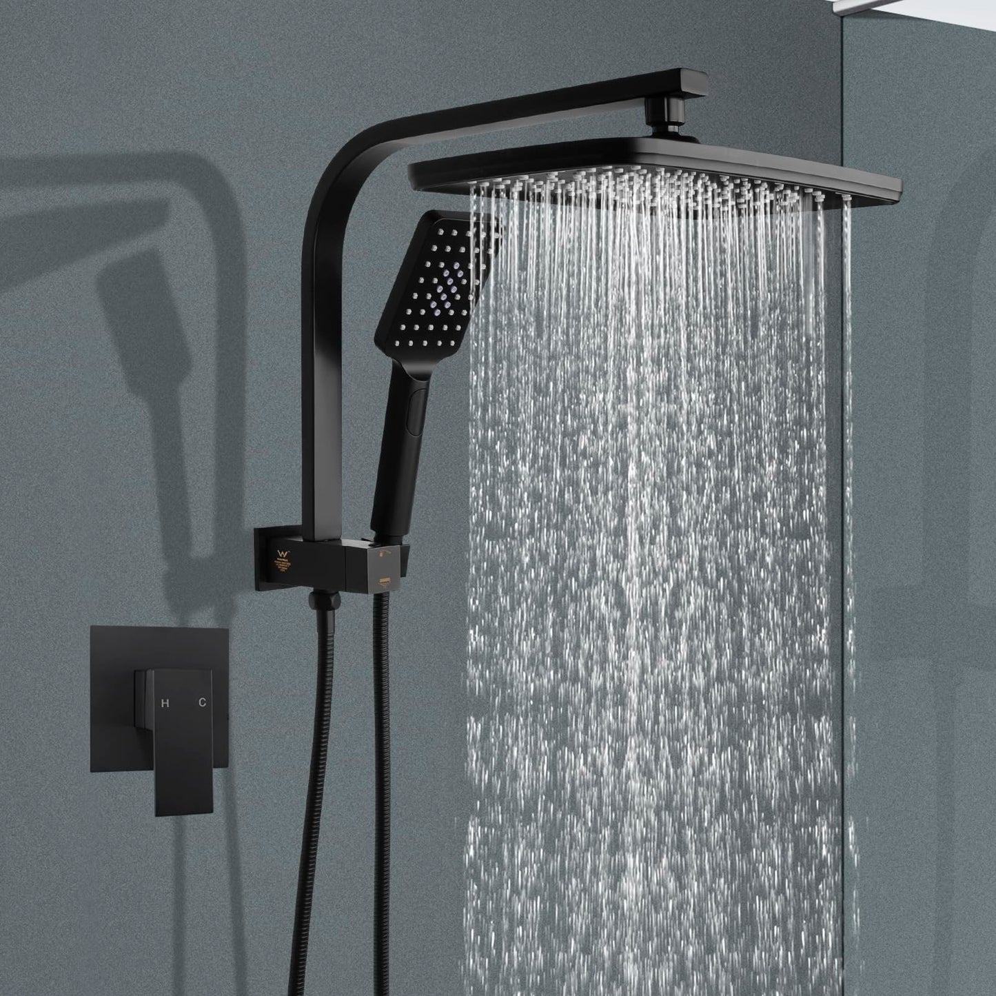 ACA International 12" Rectangle Extra Large High Pressure Shower Head Handheld Gooseneck Arm 2 in 1 Diverter Set, 3-Mode Handheld Shower Hand, Full Body Shower Set for Bathroom (Black)