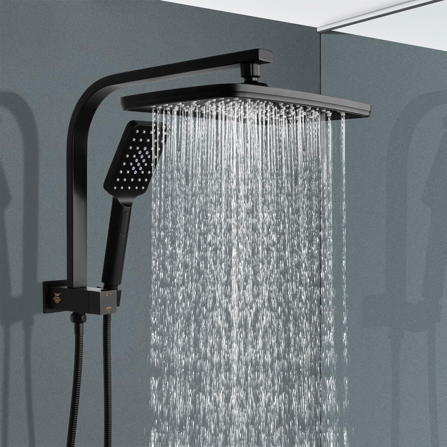 ACA International 12" Rectangle Extra Large High Pressure Shower Head Handheld Gooseneck Arm 2 in 1 Diverter Set, 3-Mode Handheld Shower Hand, Full Body Shower Set for Bathroom (Black)