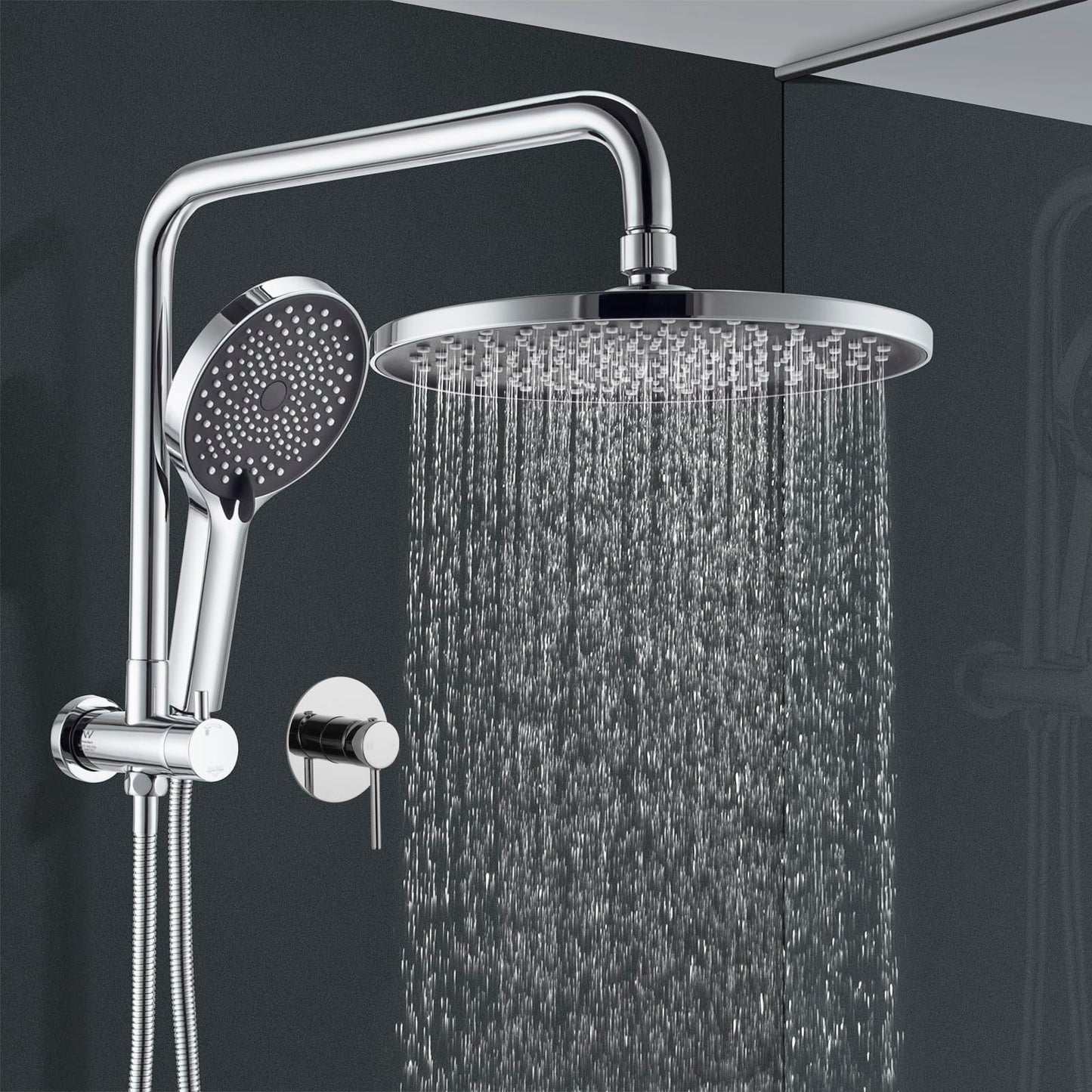 ACA International 10'' Rain Shower Head Set, Round 255mm Large Shower Head with 2 in 1 Shower Arm Rail and 3-Mode Handheld Spray, Bathroom Shower Set WELS Approved (Chrome)