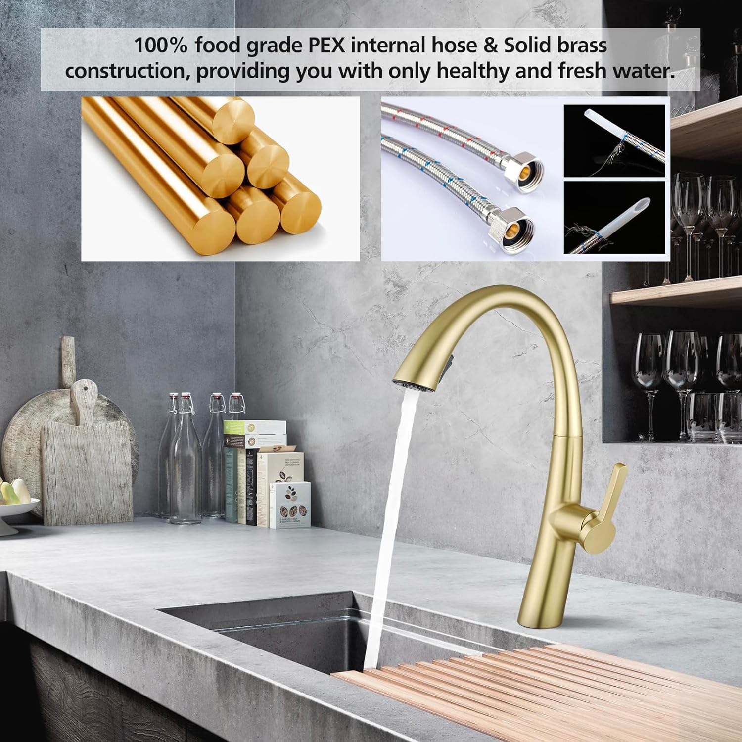 ACA International WELS Kitchen Mixer Tap High-Arc Kitchen Tap 2-Mode Spray Pull Out Kitchen Sink Taps Solid Brass (Brushed Gold)