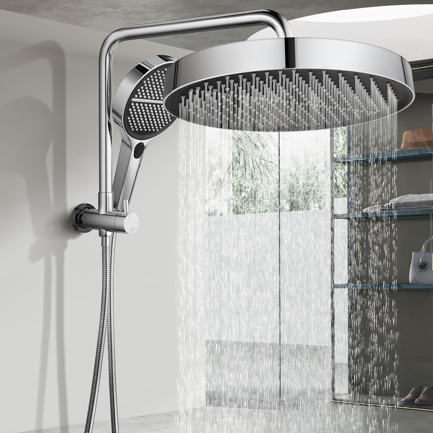 ACA International 13" Rain Shower Head 2 in 1 Round Shower Head Set Wall Mounted Shower Set 4-Mode Handheld Spary Bathroom WELS Approved (Chrome)