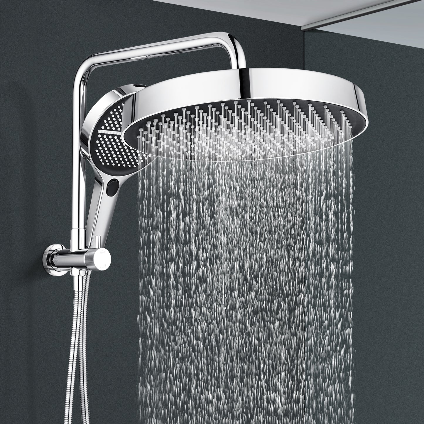 ACA International 13" Rain Shower Head 2 in 1 Round Shower Head Set Wall Mounted Shower Set 4-Mode Handheld Spary Bathroom WELS Approved (Chrome)